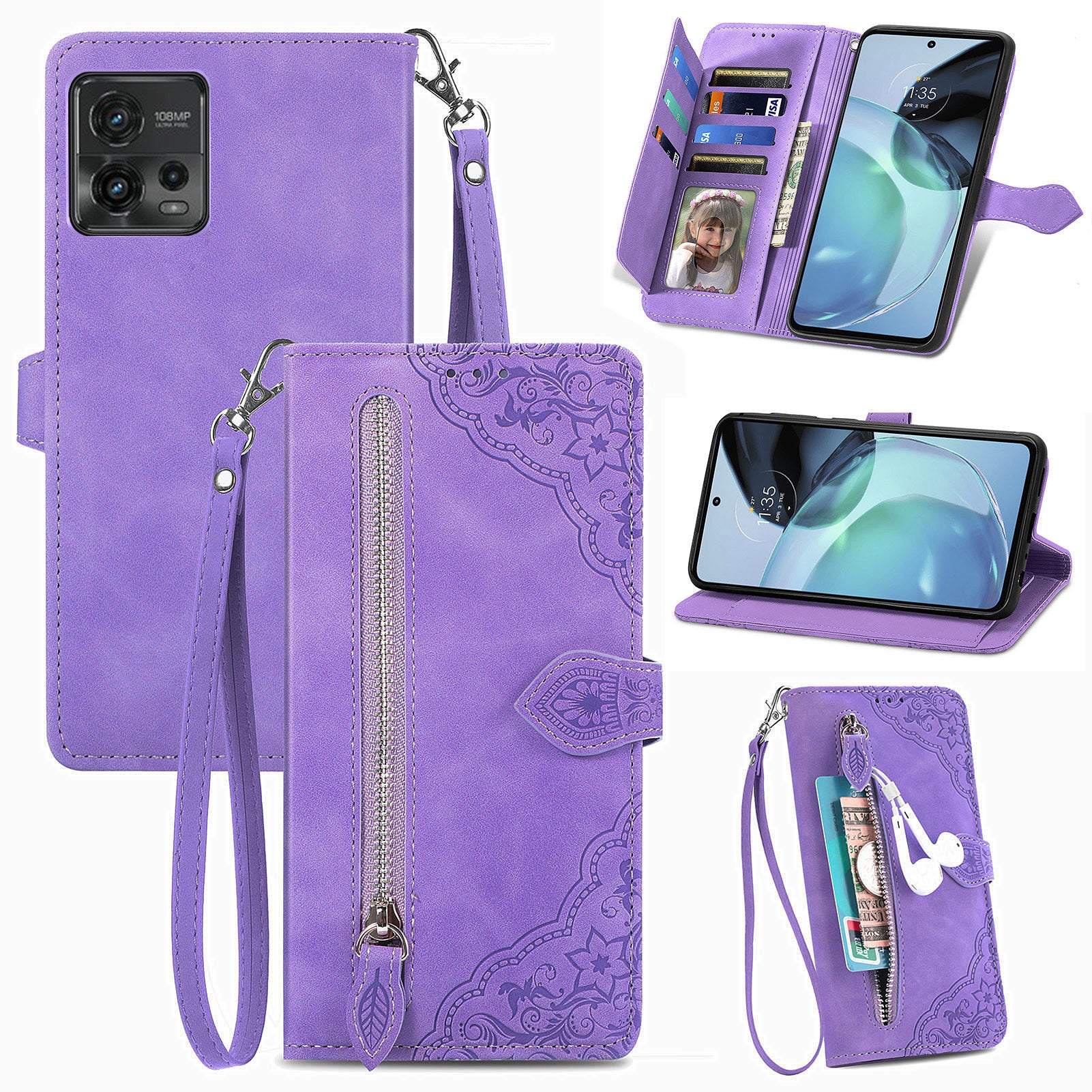 For Motorola Moto G72 4G Flower Imprinted Pattern Zipper Pocket Cell Phone Cover Stand Shockproof Flip Leather Wallet Case For Motorola Moto G72 4G Flower Imprinted Pattern Zipper Pocket Cell Phone Cover Stand Shockproof Flip Leather Wallet Case